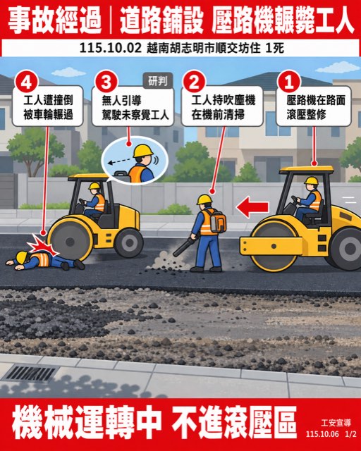 越南道路鋪設工程 持吹塵機清掃路面工人遭壓路機撞倒輾斃 1/2 事故經過