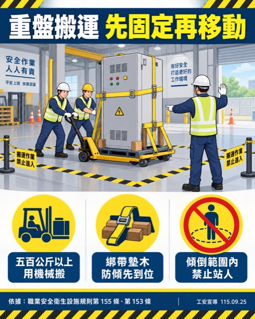 竹科寶山晶圓廠工地搬運配電盤滑動傾斜 22歲承攬商工人遭壓死亡 宣導海報