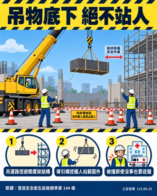 嘉義市焚化爐外包工程起重機吊掛板模擦撞鷹架掉落，下方指揮人員遭撞擊送醫不治 宣導海報