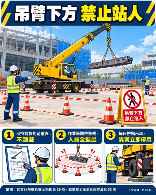 彰化中科二林園區矽品二林廠區施工現場吊掛作業吊車機具異常，1名人員當場死亡 宣導海報