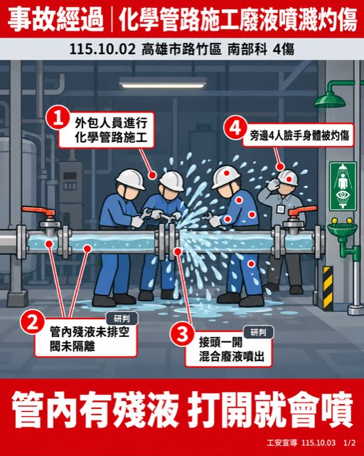 高雄路竹半導體廠化學管路施工 氫氟酸硝酸混合廢液噴濺4人灼傷 1/2 事故經過